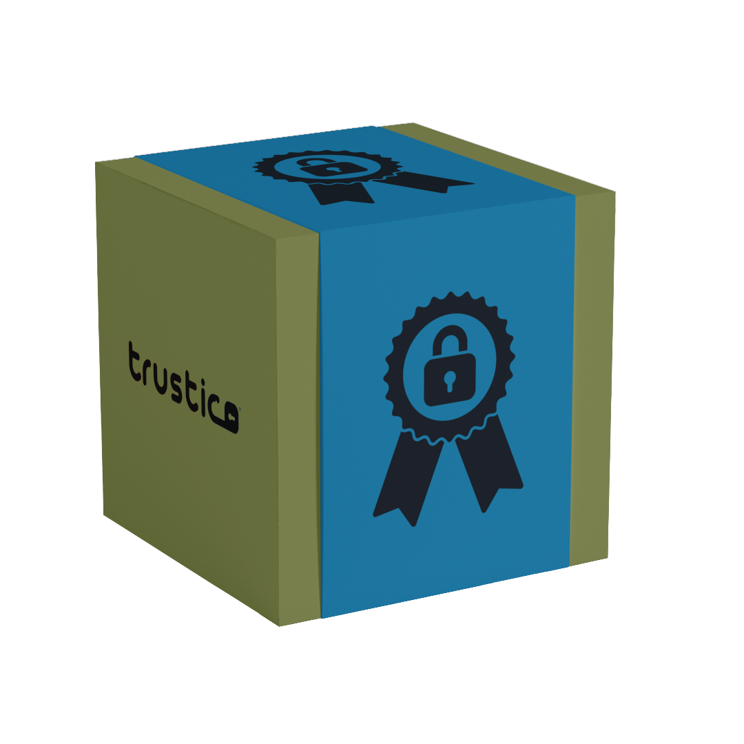 A 3D cube with olive green and blue sides. The blue sides show a ribbon and padlock, representing business SSL security. One green side has "Sectigo® OV + Multi Domain" from Sectigo CA and a padlock icon, symbolizing trusted certification.