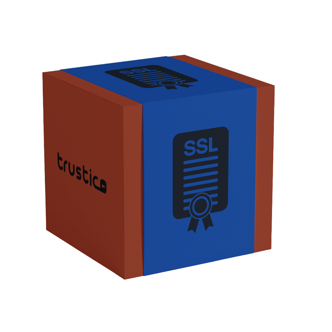 A 3D-rendered box with blue and brown sides features an SSL certificate icon and ribbon on the blue side, symbolizing domain validation for Sectigo CA’s PositiveSSL DV Single Site, with "trustic" in black on the brown side.